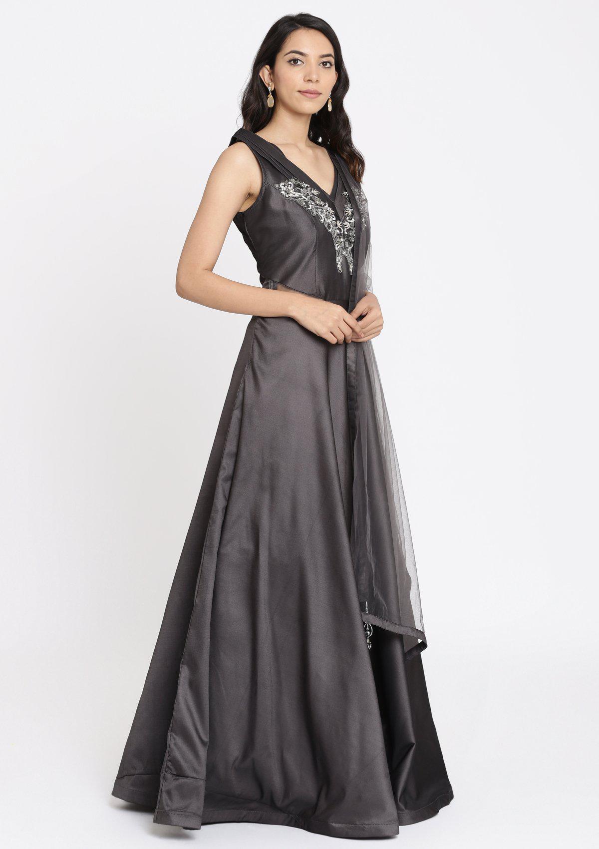 Dark Grey Cutdana Taffeta Silk Designer Gown-Koskii