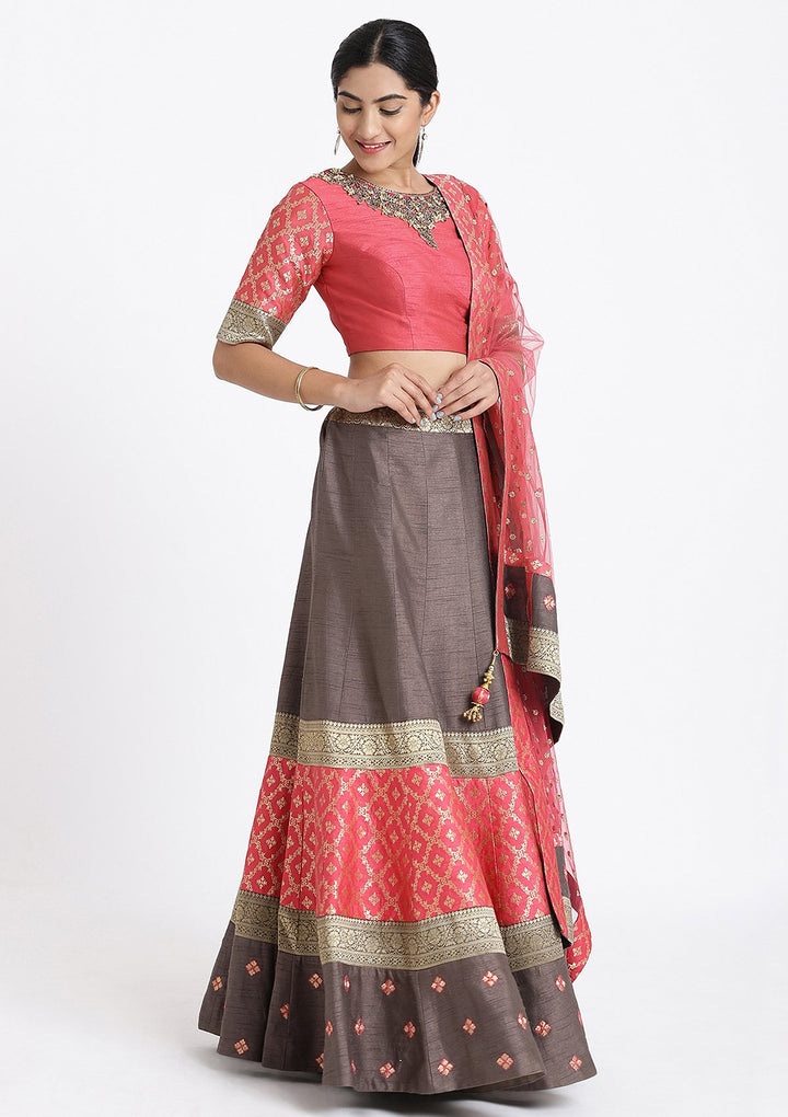 Grey and Pink Pearlwork Raw Silk Designer Lehenga-Koskii