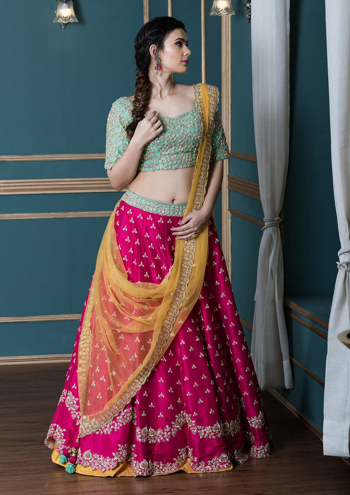 Pink Sequinned Silk Designer Lehenga-Koskii