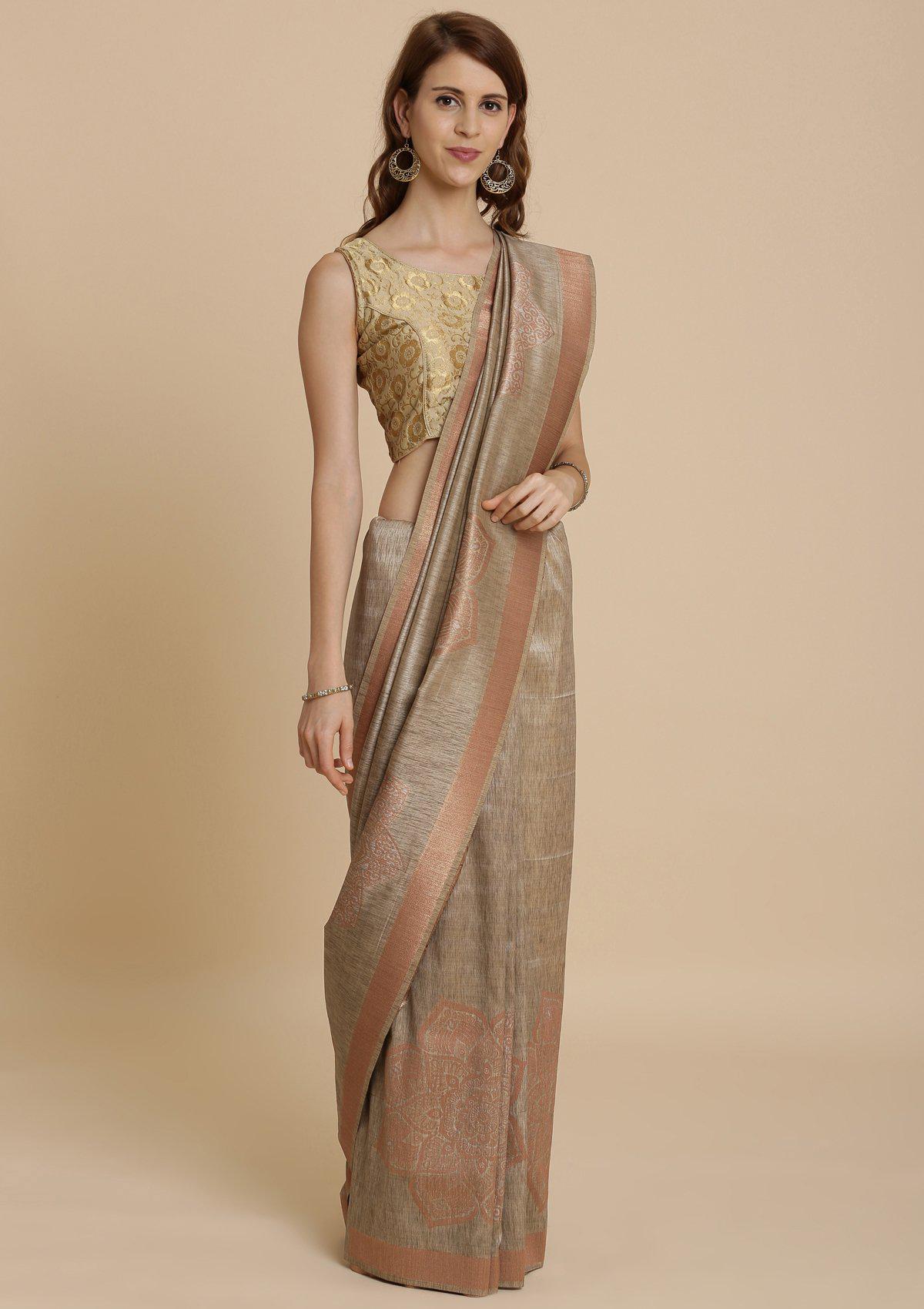 Light Brown Zariwork Raw Silk Designer Saree-Koskii