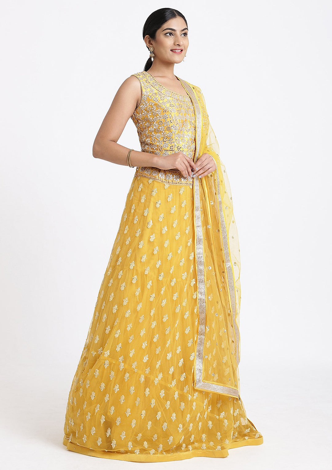 Yellow Gota Patti Net Designer Lehenga-Koskii