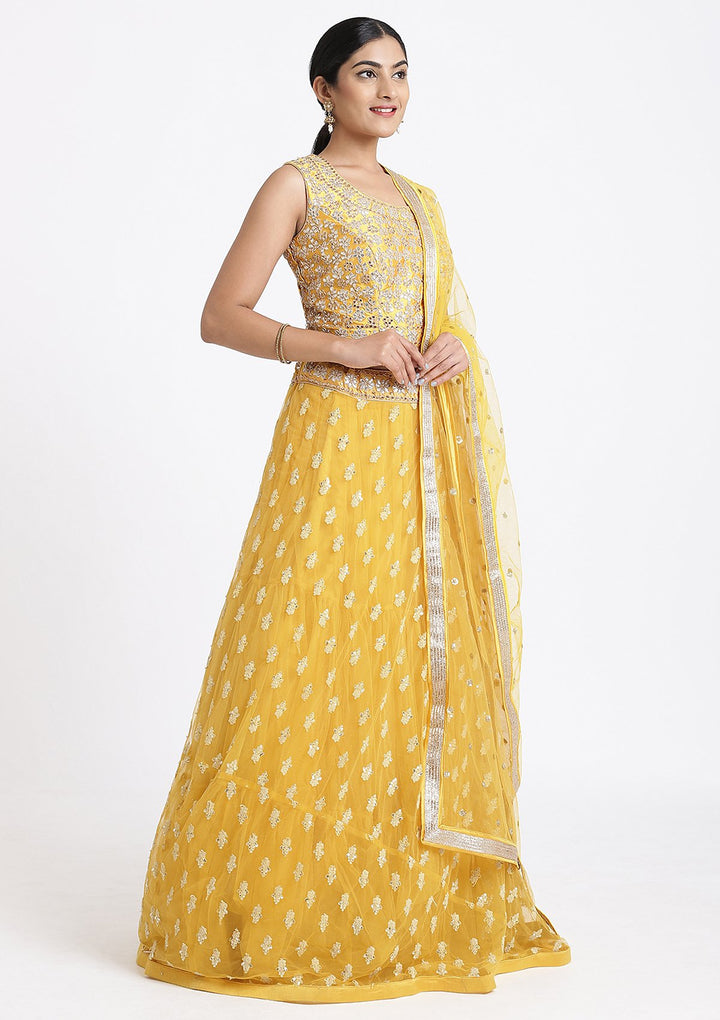 Yellow Gota Patti Net Designer Lehenga-Koskii