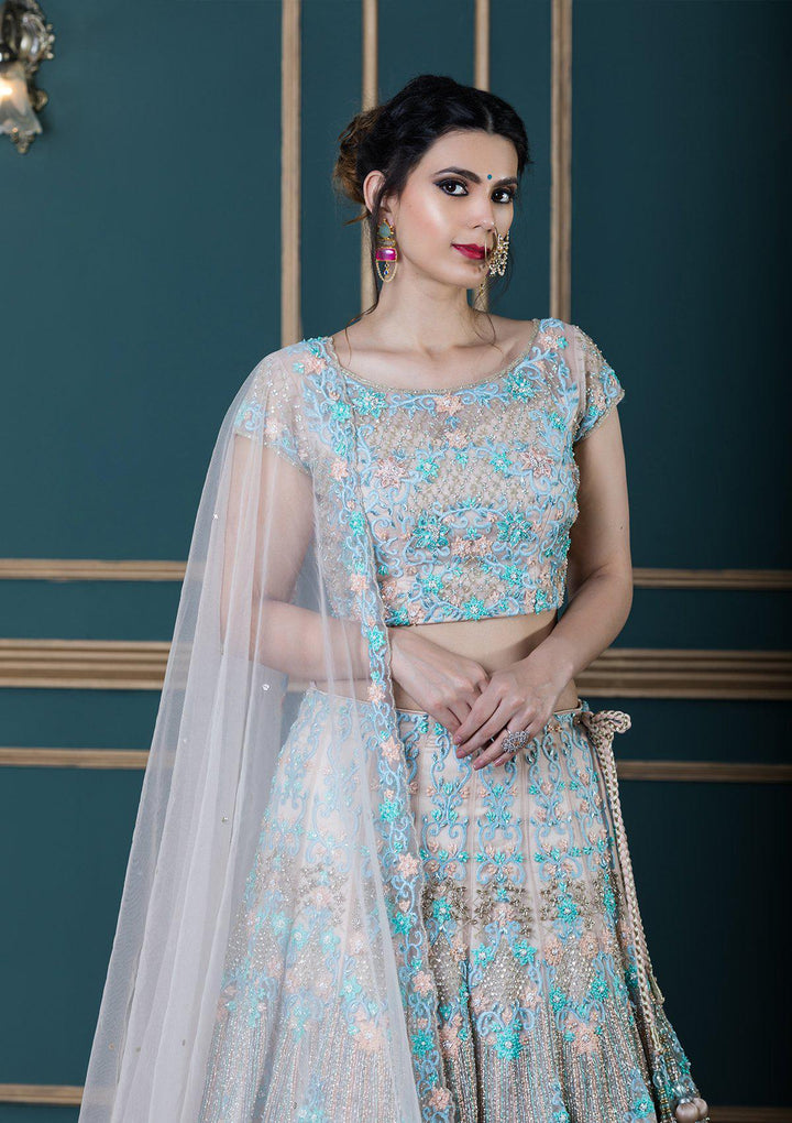 Beige Threadwork Net Designer Lehenga-Koskii