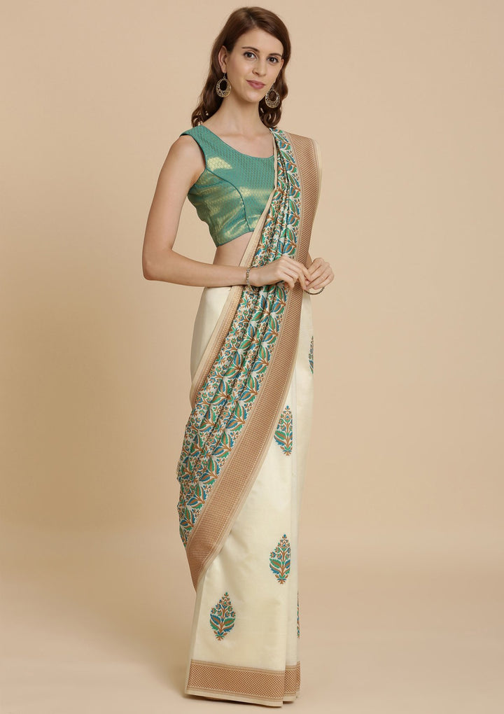 Green and Cream Thread Work Art Silk Designer Saree-Koskii