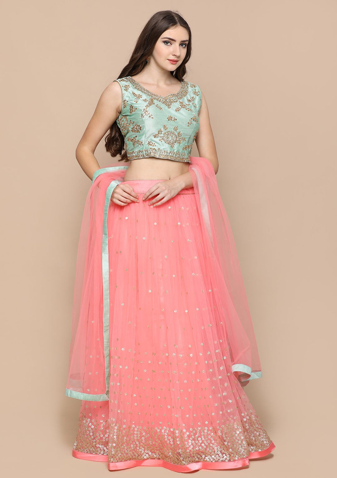 Pink Stone Work Silk Designer Lehenga-Koskii