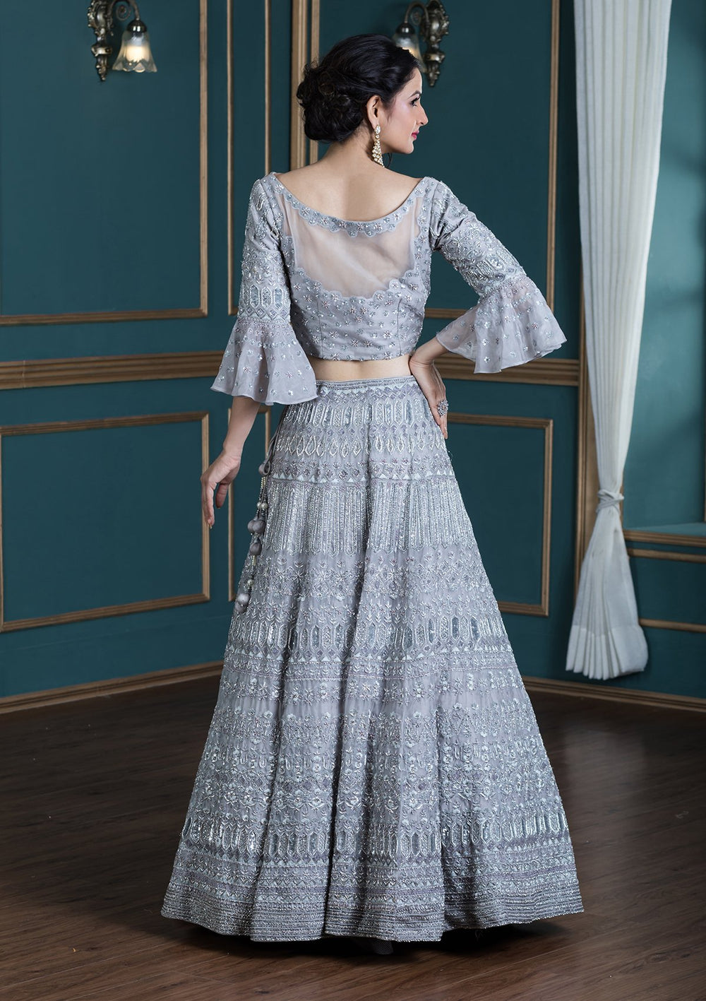 Grey Zardozi Tissue Designer Lehenga-Koskii
