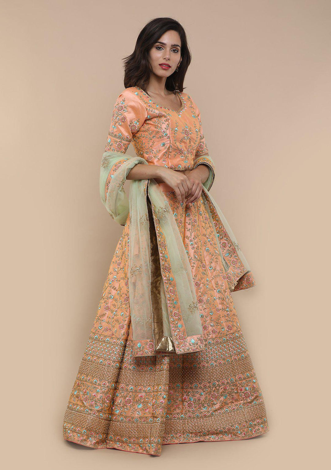 KOSKIII PEACH FLORAL WORK BRIDAL LEHENGA-Koskii