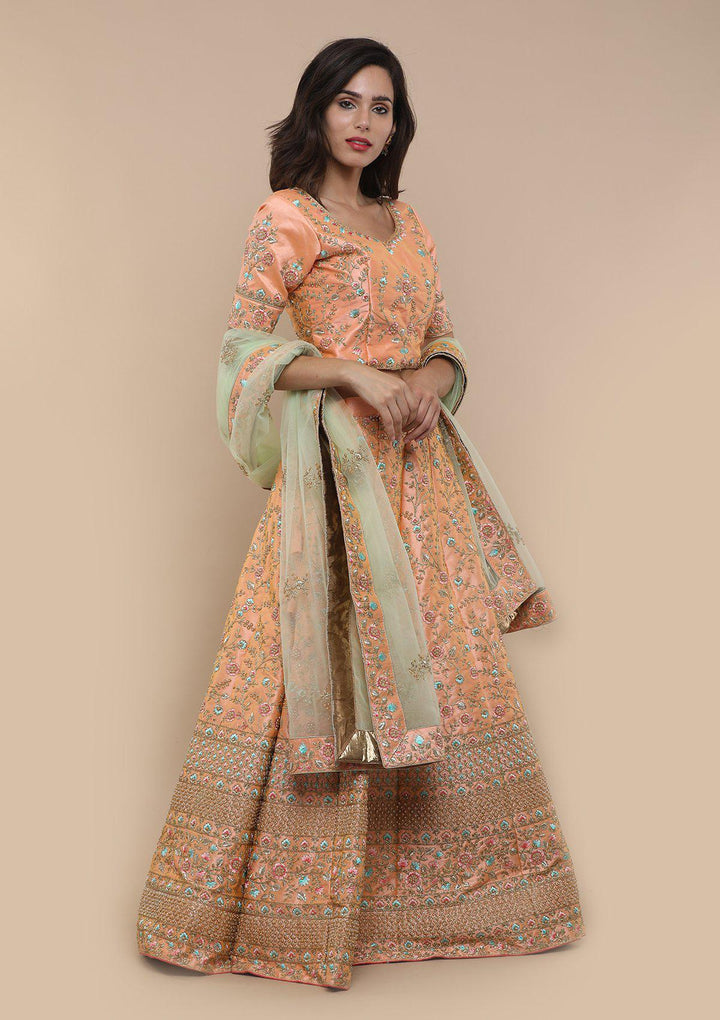 KOSKIII PEACH FLORAL WORK BRIDAL LEHENGA-Koskii