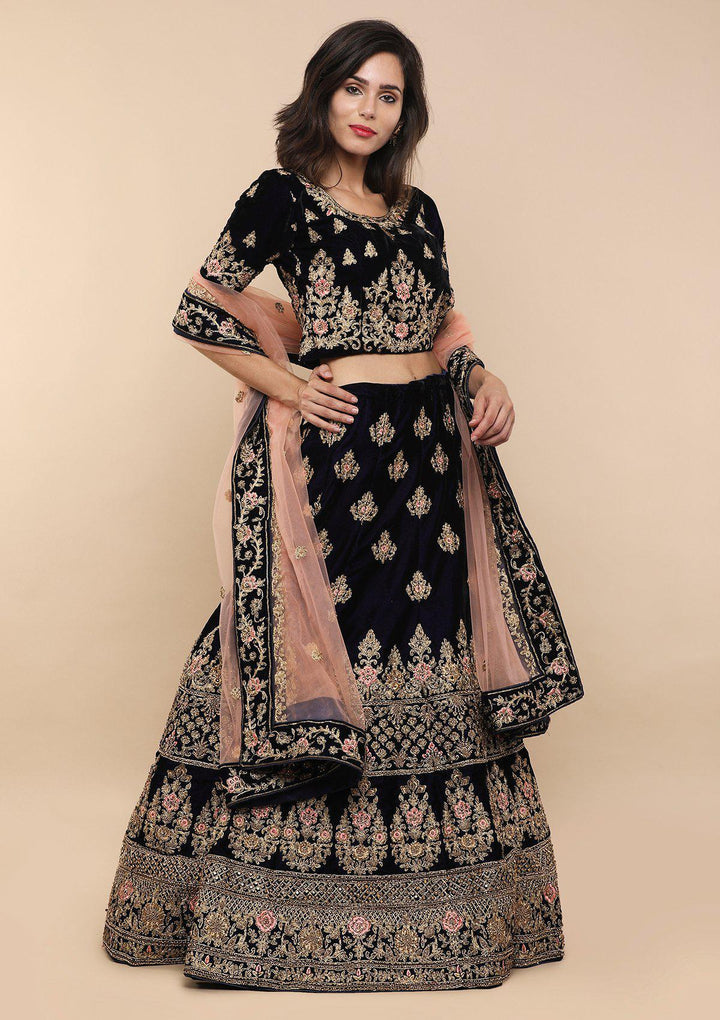 Blue and Pink Velvet Designer Lehenga-Koskii