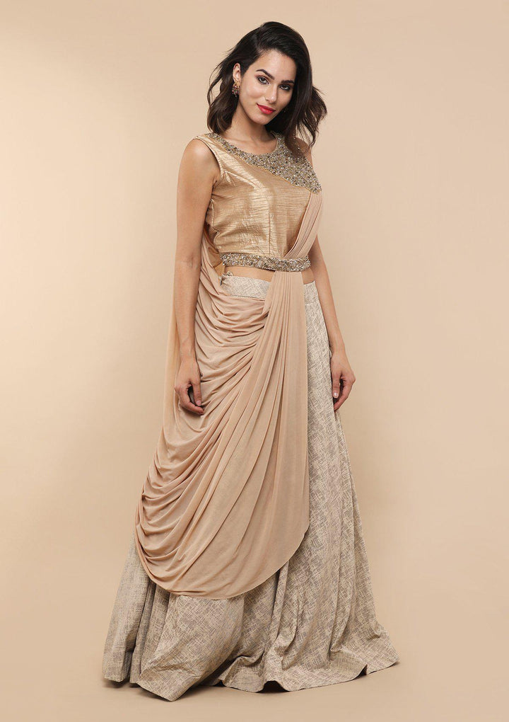Gold Mirror Work Silk Drape Designer Lehenga-Koskii