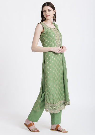 Pista Green Zari Work Chanderi Designer Salwar Suit-Koskii