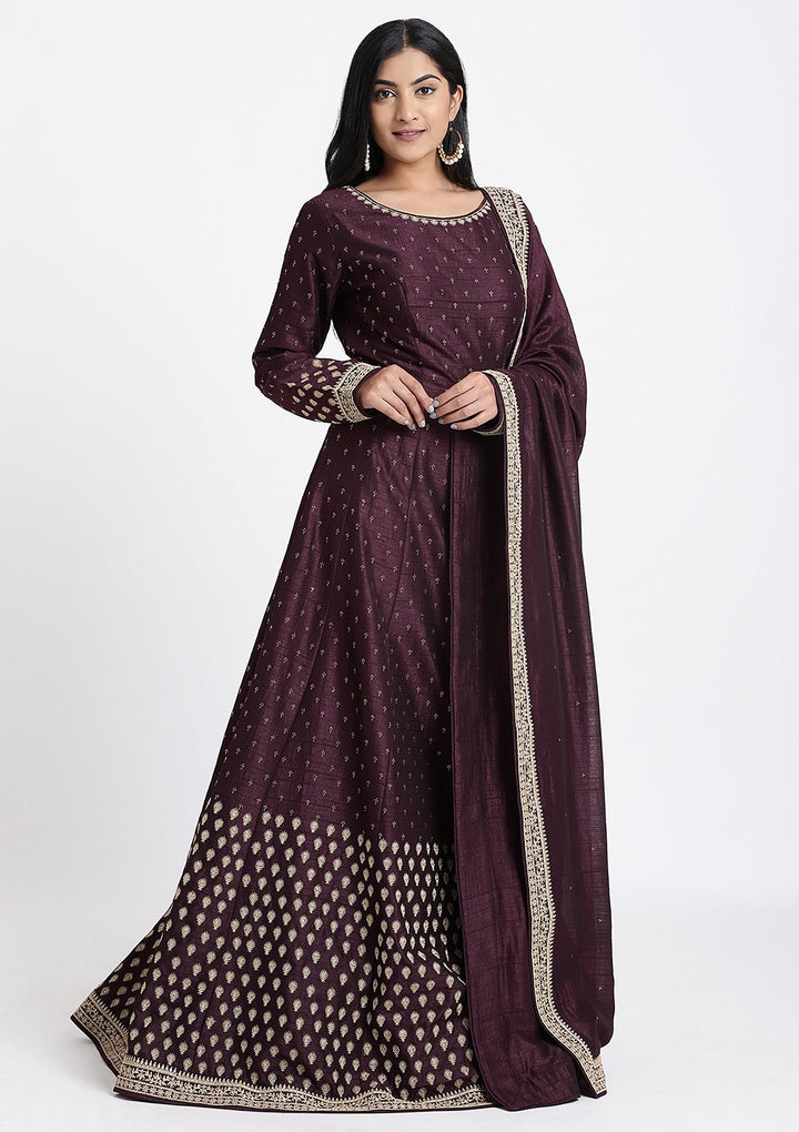 Wine Zariwork Rawsilk Designer Gown-Koskii