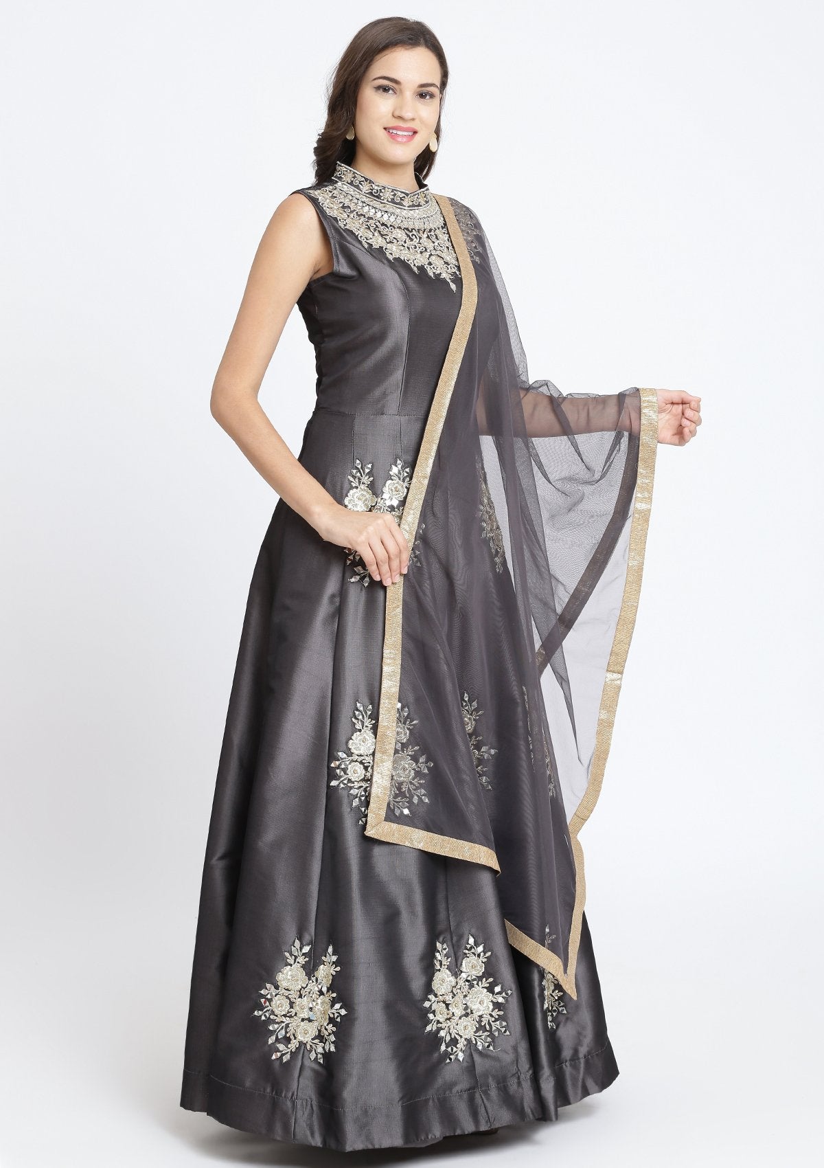 Dark Grey Mirrorwork Art Silk Designer Gown-Koskii