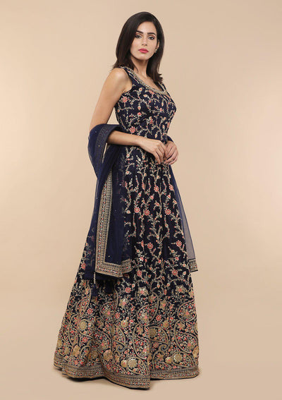 Navy Blue Floral Thread Work Designer Gown-Koskii