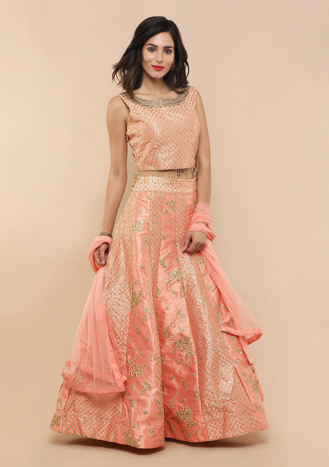 Peach Zari Work Silk Designer Lehenga-Koskii