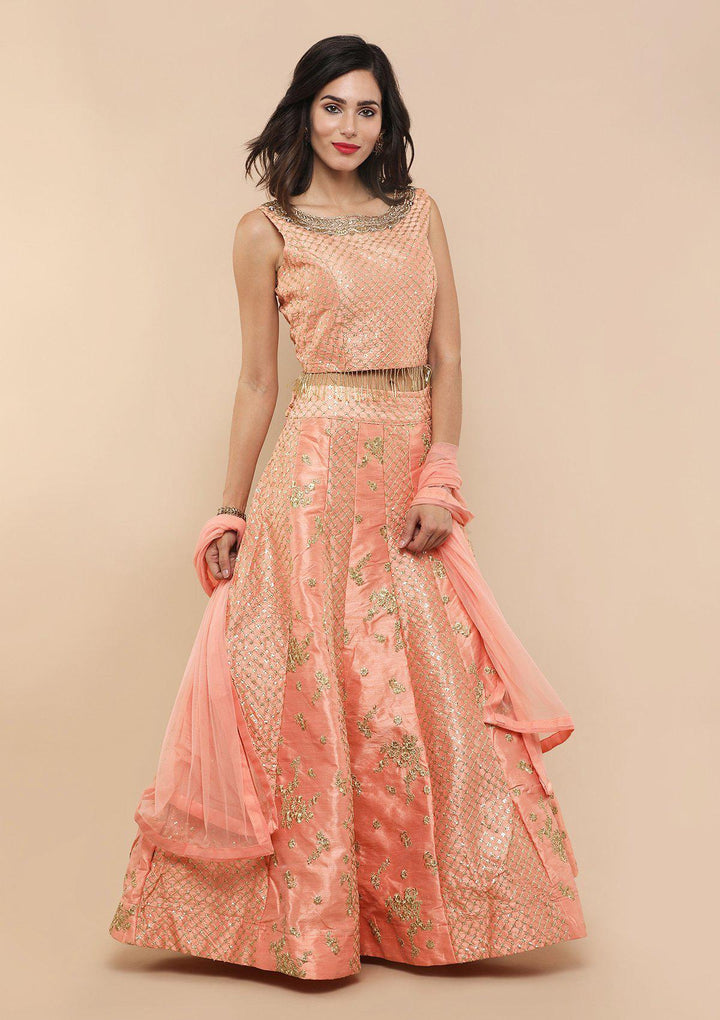 Peach Zari Work Silk Designer Lehenga-Koskii