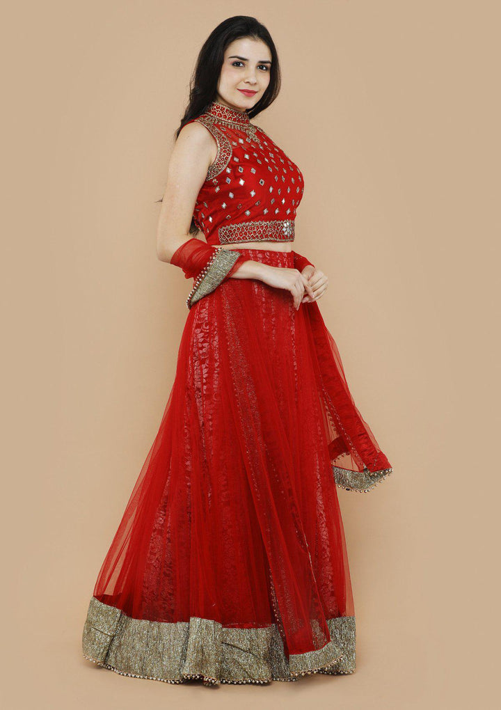 koskii red net and lace lehenga-Koskii