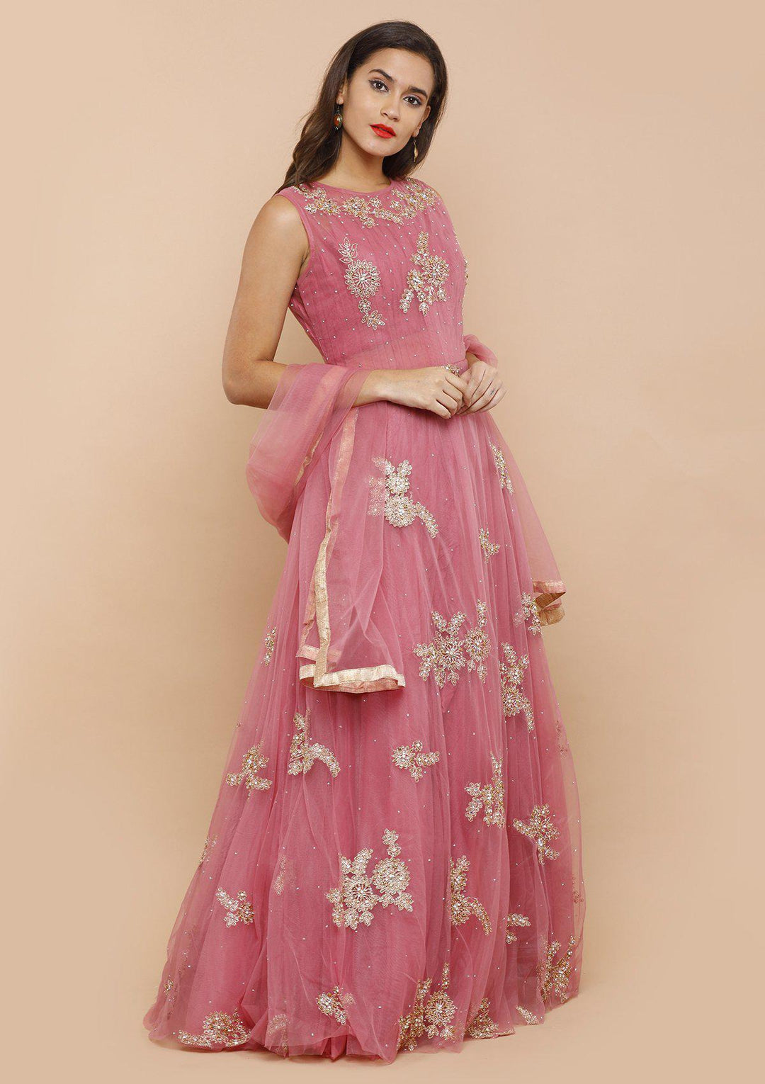 koskii dusty rose floral net gown-Koskii