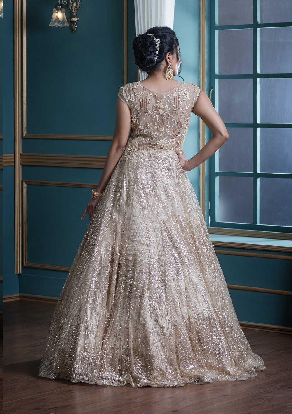 Beige Bead Work Net Designer Gown-Koskii