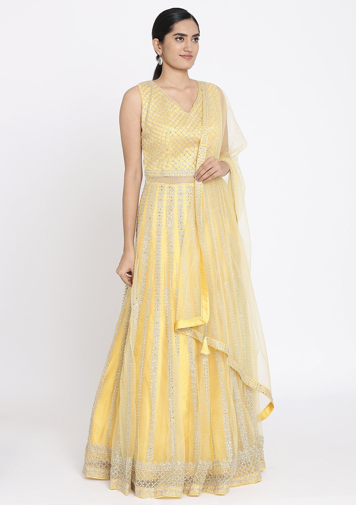 Yellow Silver Stonework Net Designer Gown - koskii