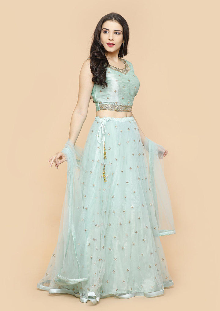 Sea Green Embellished Silk Designer Lehenga-Koskii