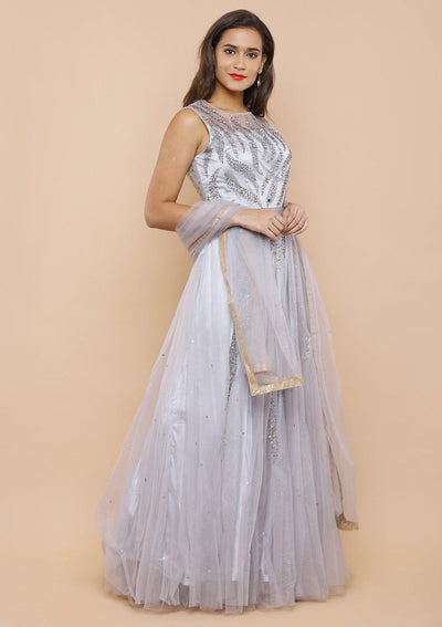 Grey Mirror-work Net Designer Gown-Koskii