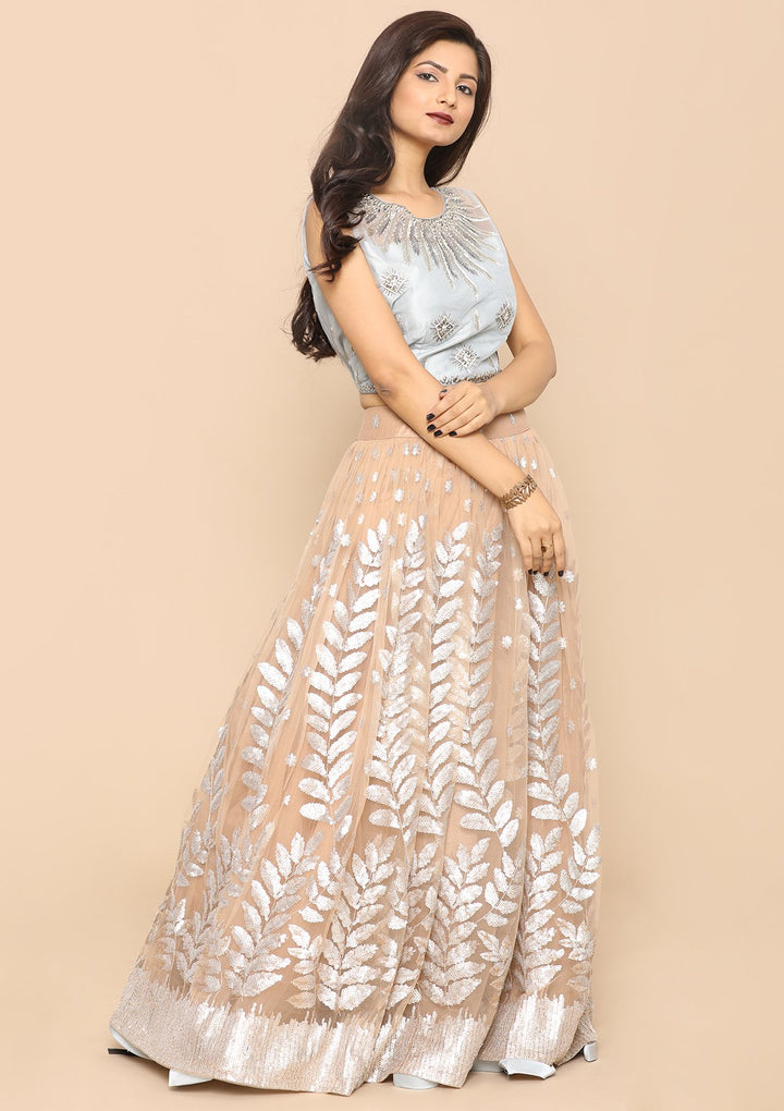 Beige Stone Work Satin Designer Lehenga-Koskii