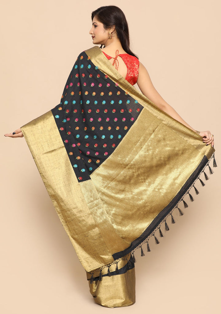 Black Multi Color Buta Handloom Saree-Koskii