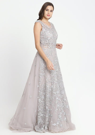 Grey Sequinned Net Designer Gown-Koskii