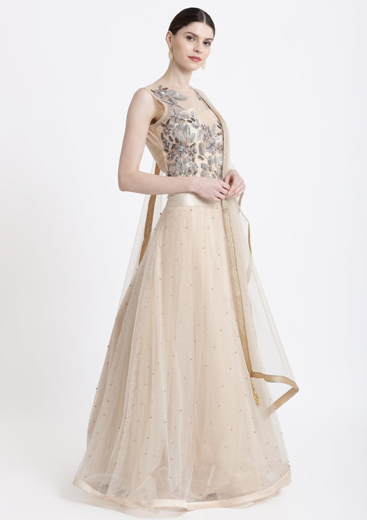 Beige Sequins Net Designer Lehenga-Koskii