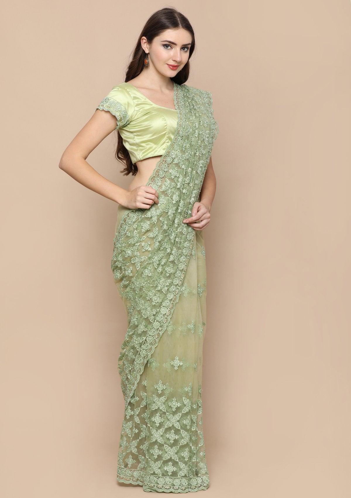 Pista Green Embellished Silk Designer Saree-Koskii