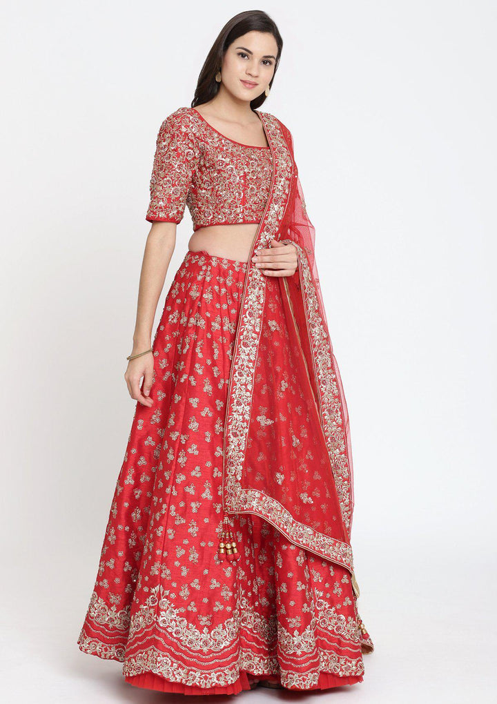 Red Sequinned Raw Silk Designer Lehenga-Koskii