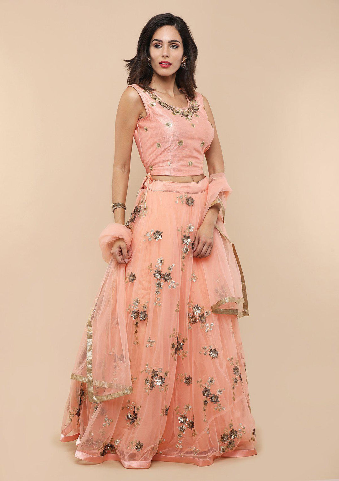 Peach Floral Net Designer Lehenga-Koskii