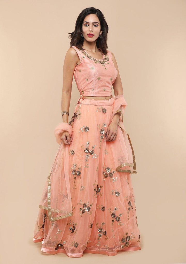 Peach Floral Net Designer Lehenga-Koskii