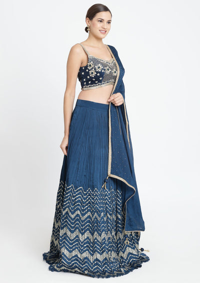 Peacock Blue Zardosi Art Silk Designer Lehenga-Koskii