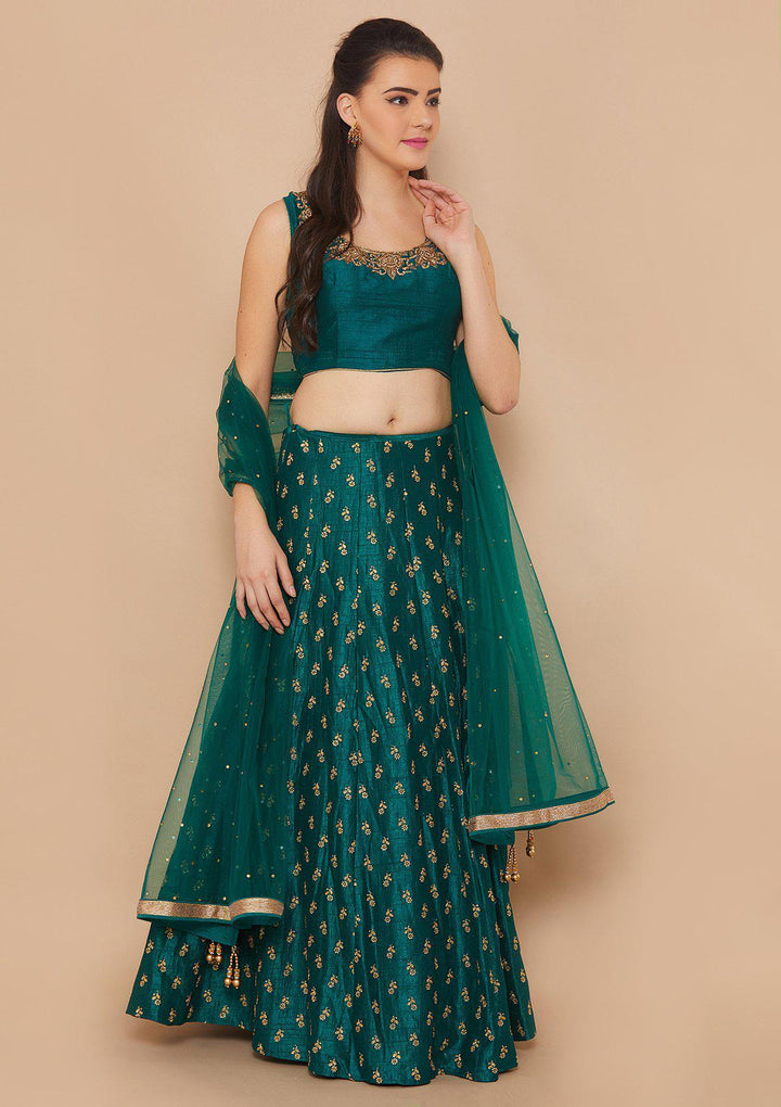 Koskii Zariwork Raw Silk Forest Green Lehenga-Koskii