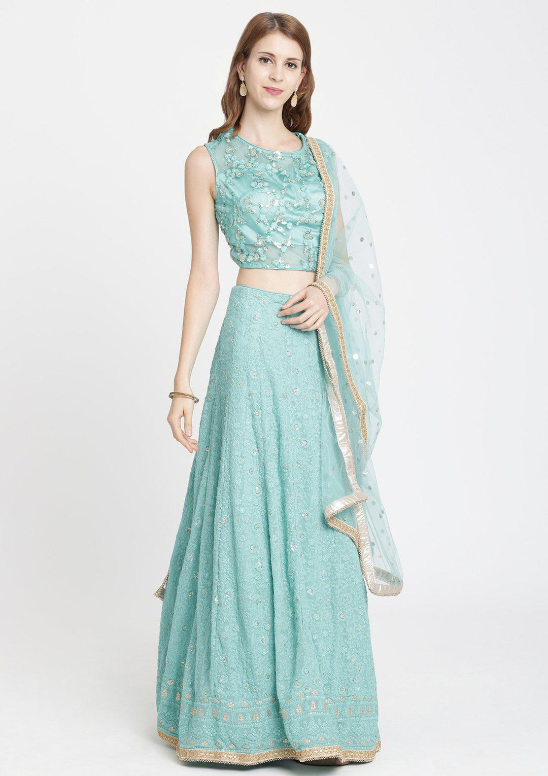 Sea Green Threadwork Chiffon Designer Lehenga-Koskii