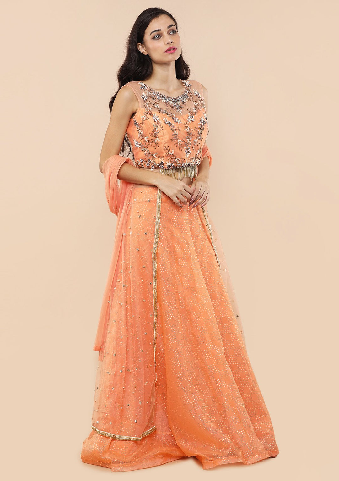 Dark Peach Stone Work Tissue Designer Lehenga-Koskii
