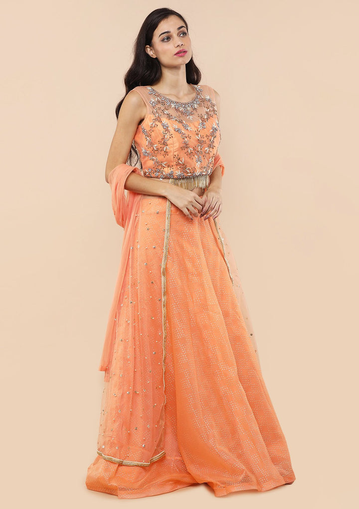 Dark Peach Stone Work Tissue Designer Lehenga-Koskii