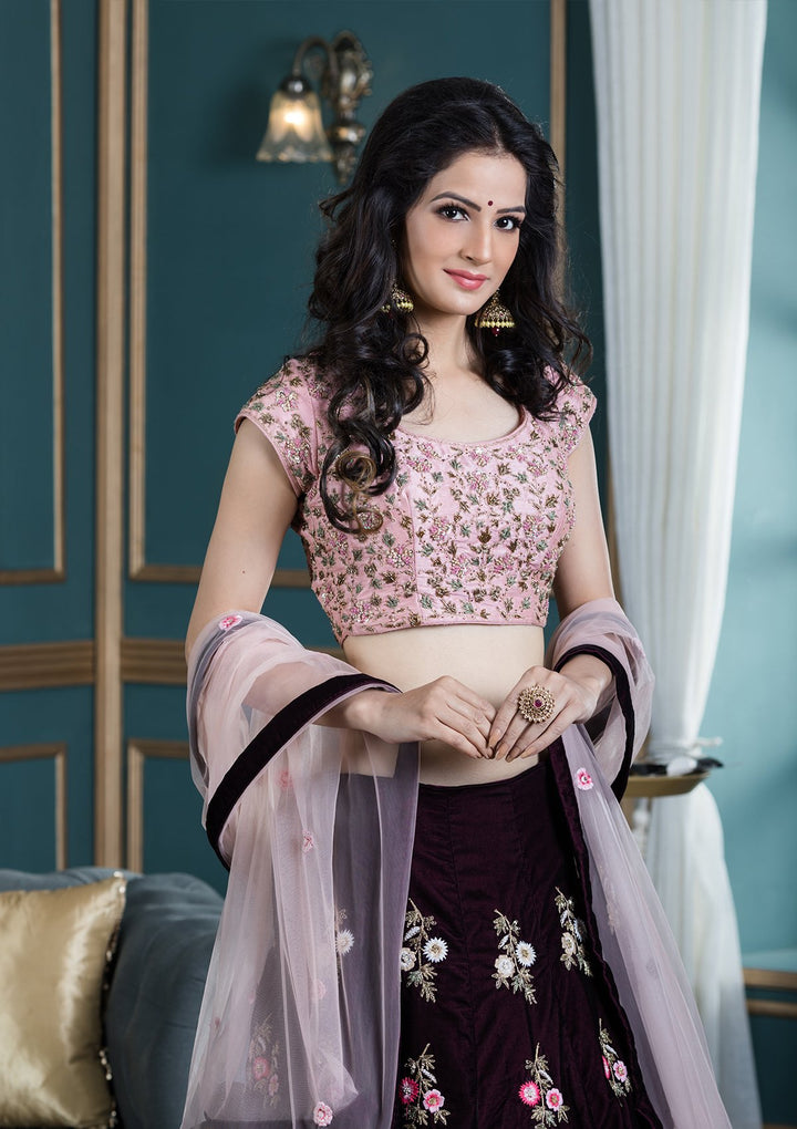 Wine Red Threadwork Velvet Designer Lehenga-Koskii