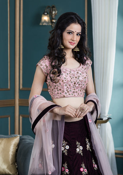 Wine Red Threadwork Velvet Designer Lehenga-Koskii