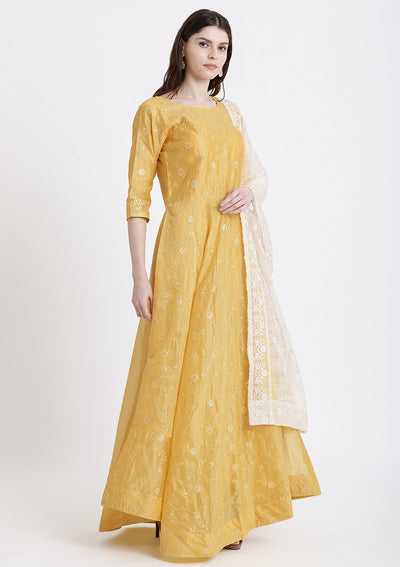 Yellow Threadwork Chanderi Designer Gown-Koskii