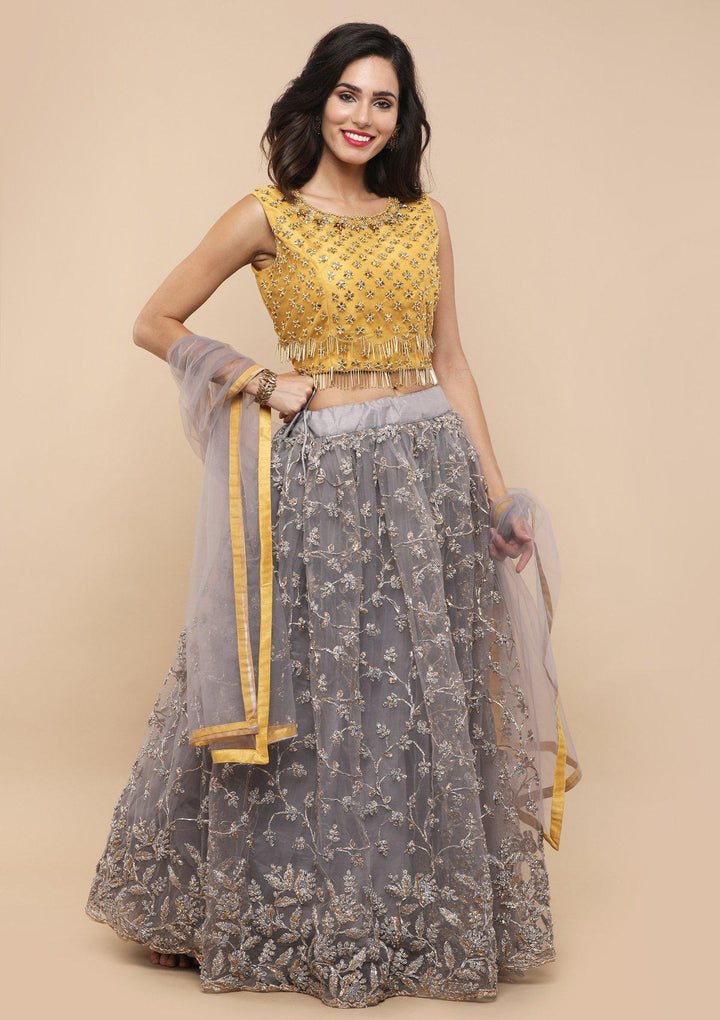 Yellow and Grey Net Designer Lehenga-Koskii