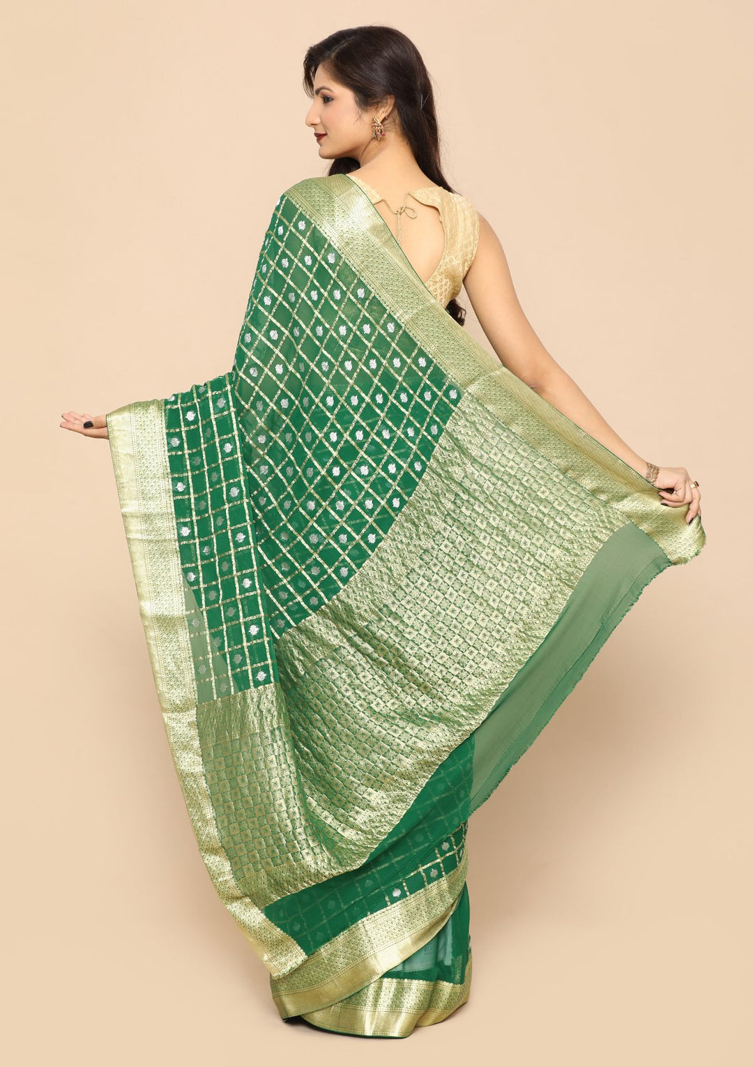 Green Chequered Handmade Saree-Koskii