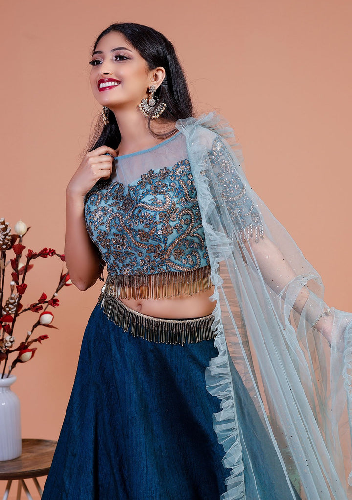 Peacock Blue Zariwork Raw Silk Designer Lehenga-Koskii