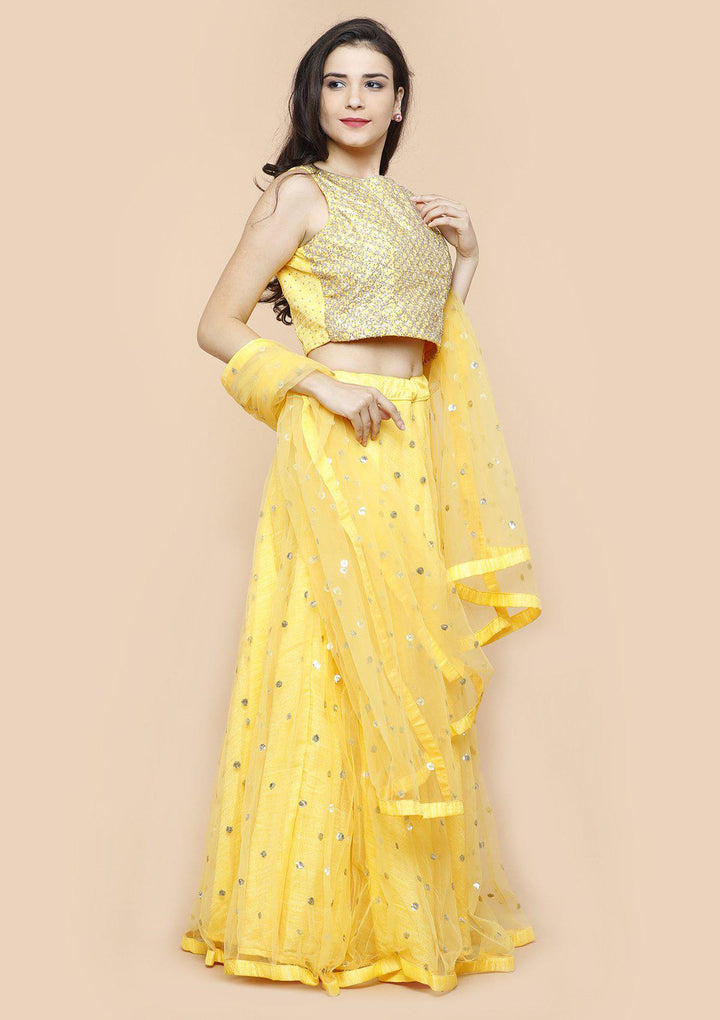Sunshine Yellow Embellished Silk Designer Lehenga-Koskii
