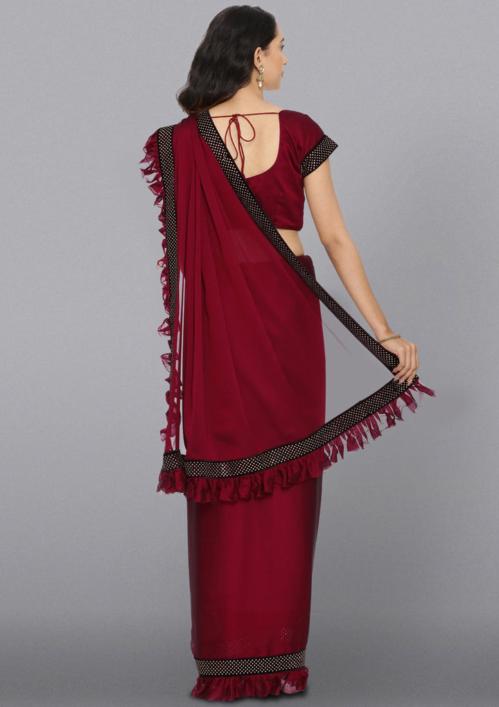 Maroon Swarovski Satin Designer Saree-Koskii