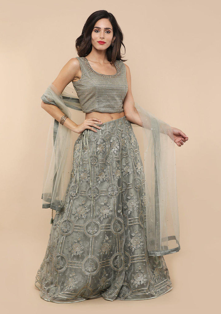 Teal Green Thread Work Net Designer Lehenga-Koskii