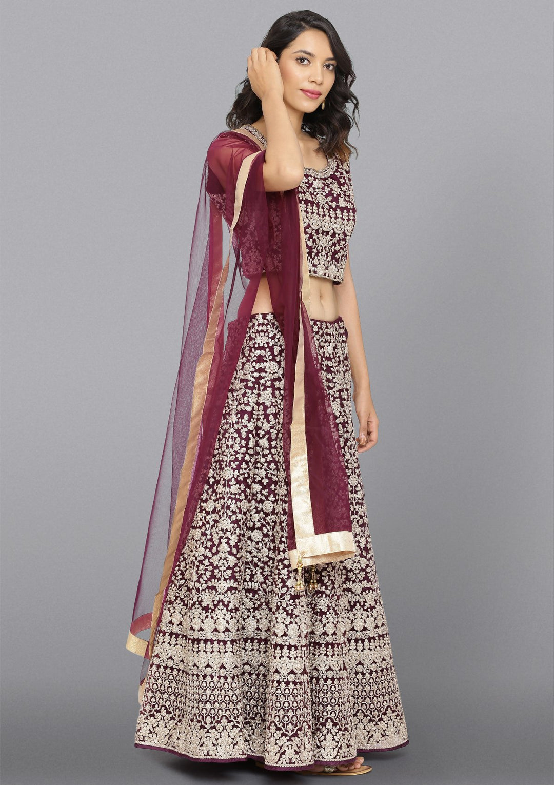 Wine Zariwork Net Designer Lehenga-Koskii