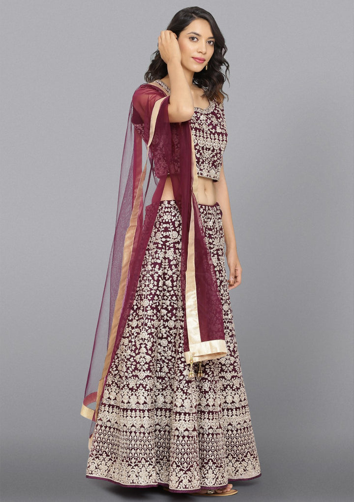 Wine Zariwork Net Designer Lehenga-Koskii